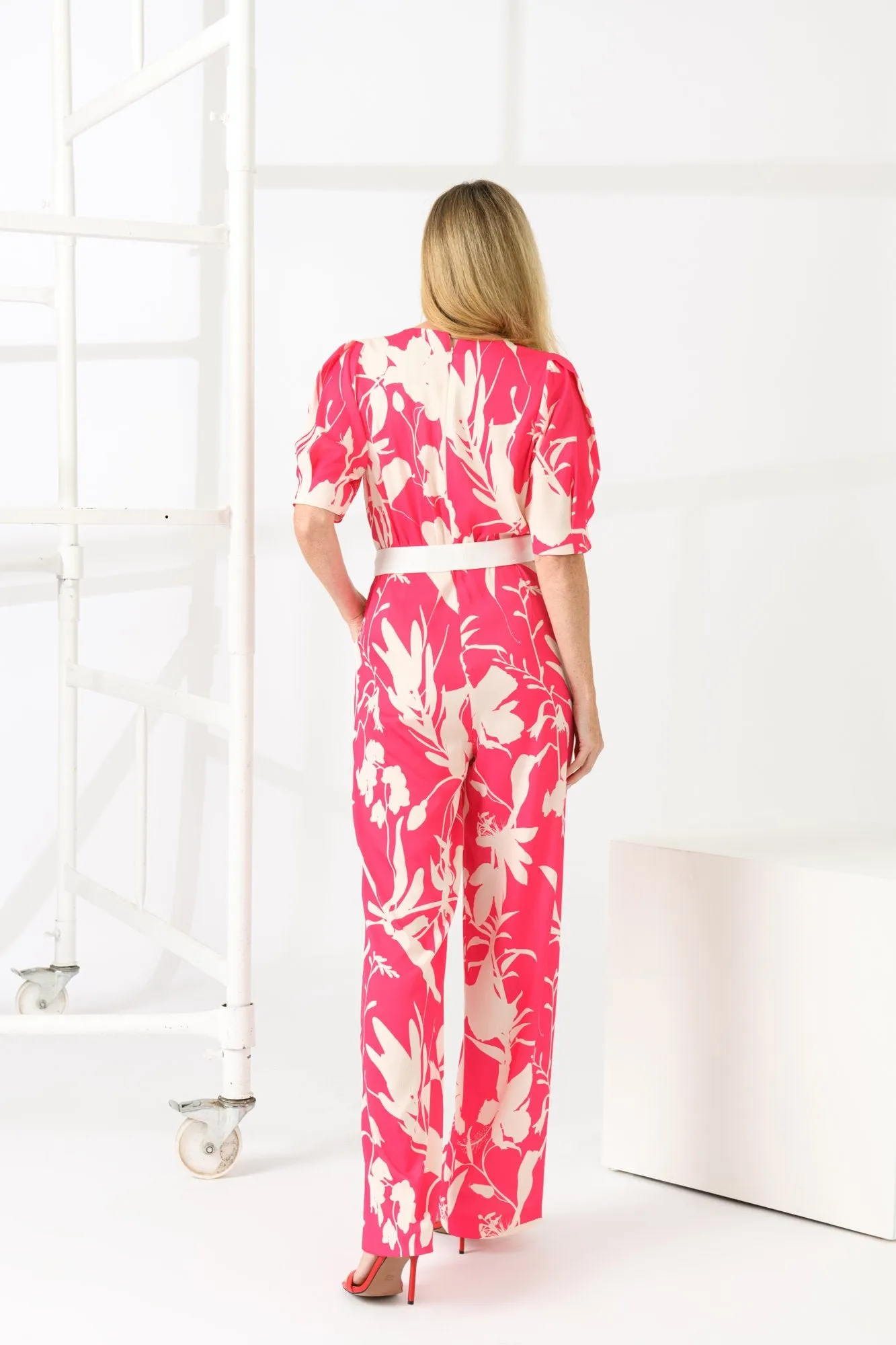 Caroline Kilkenny Pink Blue Foliage Print Jumpsuit