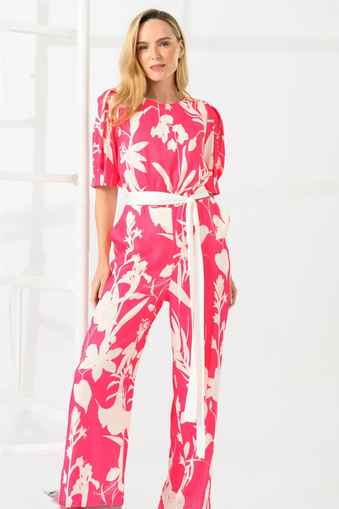 Caroline Kilkenny Pink Blue Foliage Print Jumpsuit