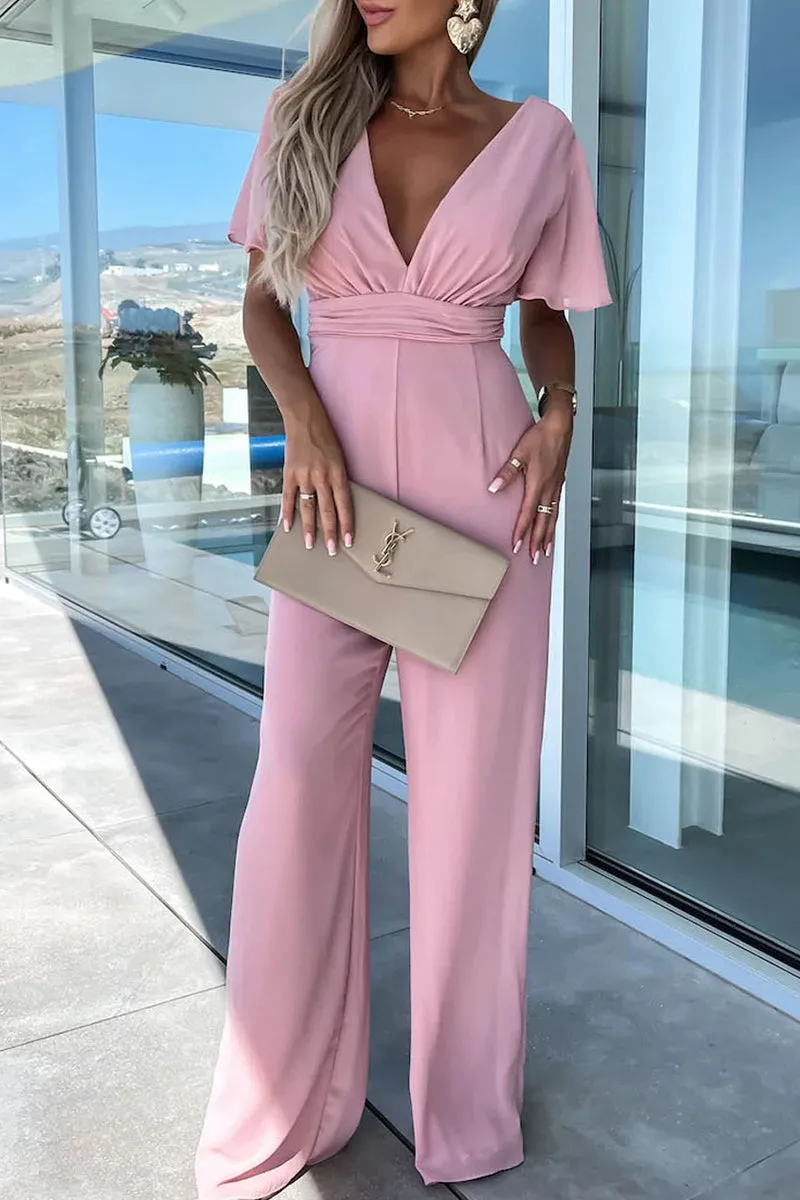 Casual Elegant Solid V Neck Regular Jumpsuitsï¼? Colors)