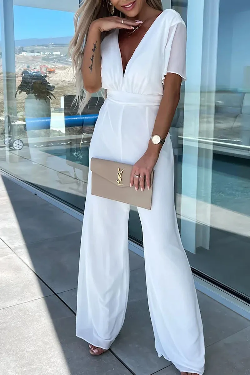 Casual Elegant Solid V Neck Regular Jumpsuitsï¼? Colors)