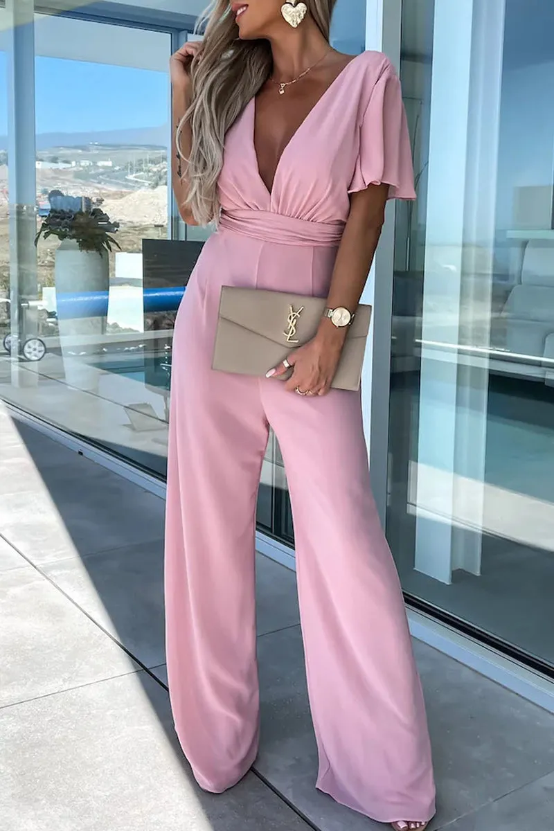 Casual Elegant Solid V Neck Regular Jumpsuitsï¼? Colors)