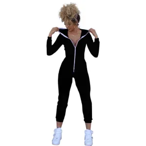 Casual Women One Piece Outfits Jumpsuits Long Sleeve Bodycon Front Zipper Hooded Long Pants Sexy Black/Red Rompers Playsuit