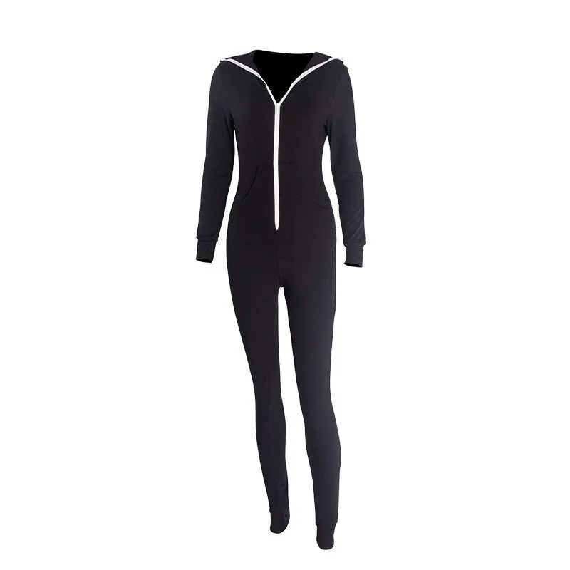 Casual Women One Piece Outfits Jumpsuits Long Sleeve Bodycon Front Zipper Hooded Long Pants Sexy Black/Red Rompers Playsuit