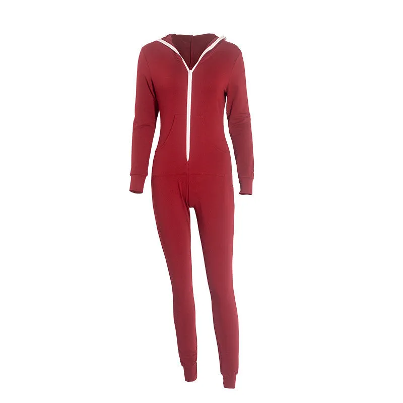 Casual Women One Piece Outfits Jumpsuits Long Sleeve Bodycon Front Zipper Hooded Long Pants Sexy Black/Red Rompers Playsuit