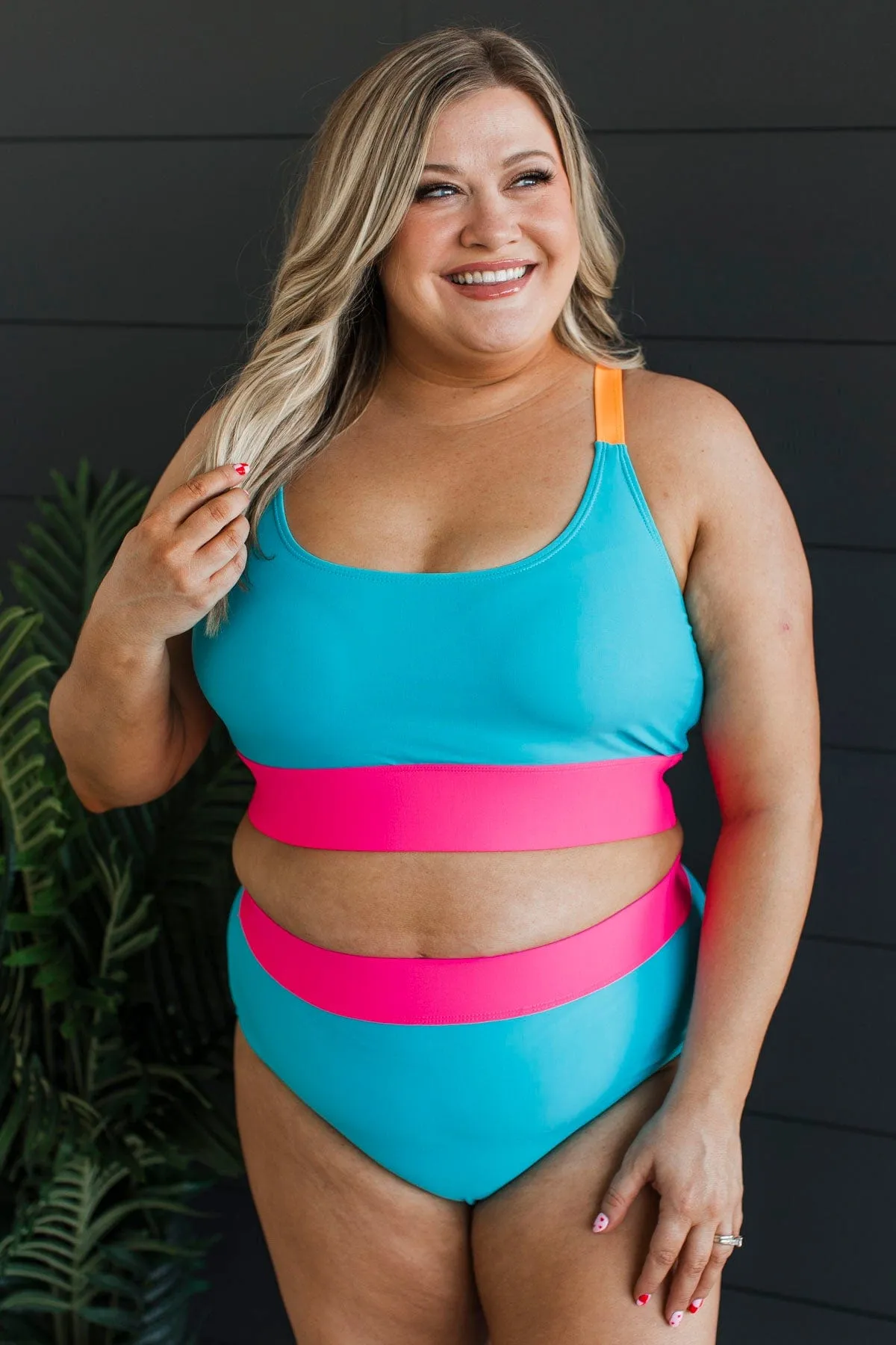 Catching Waves Bikini Swim Top- Blue, Bright Pink, & Orange