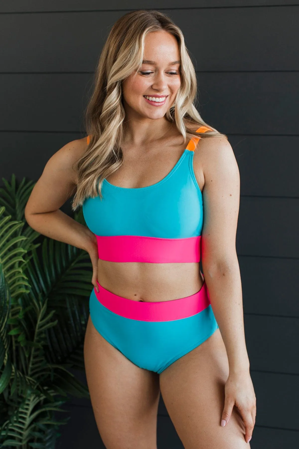 Catching Waves Bikini Swim Top- Blue, Bright Pink, & Orange