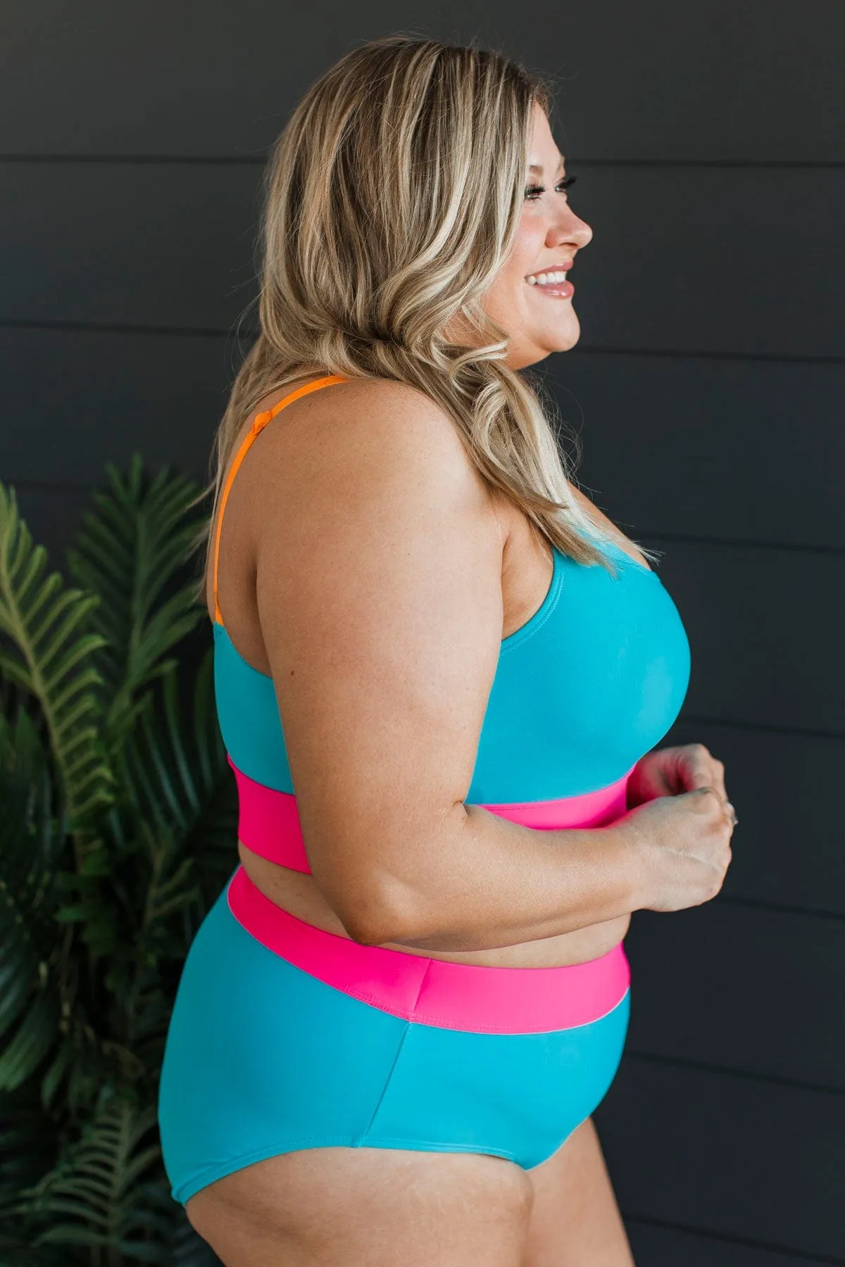 Catching Waves Bikini Swim Top- Blue, Bright Pink, & Orange