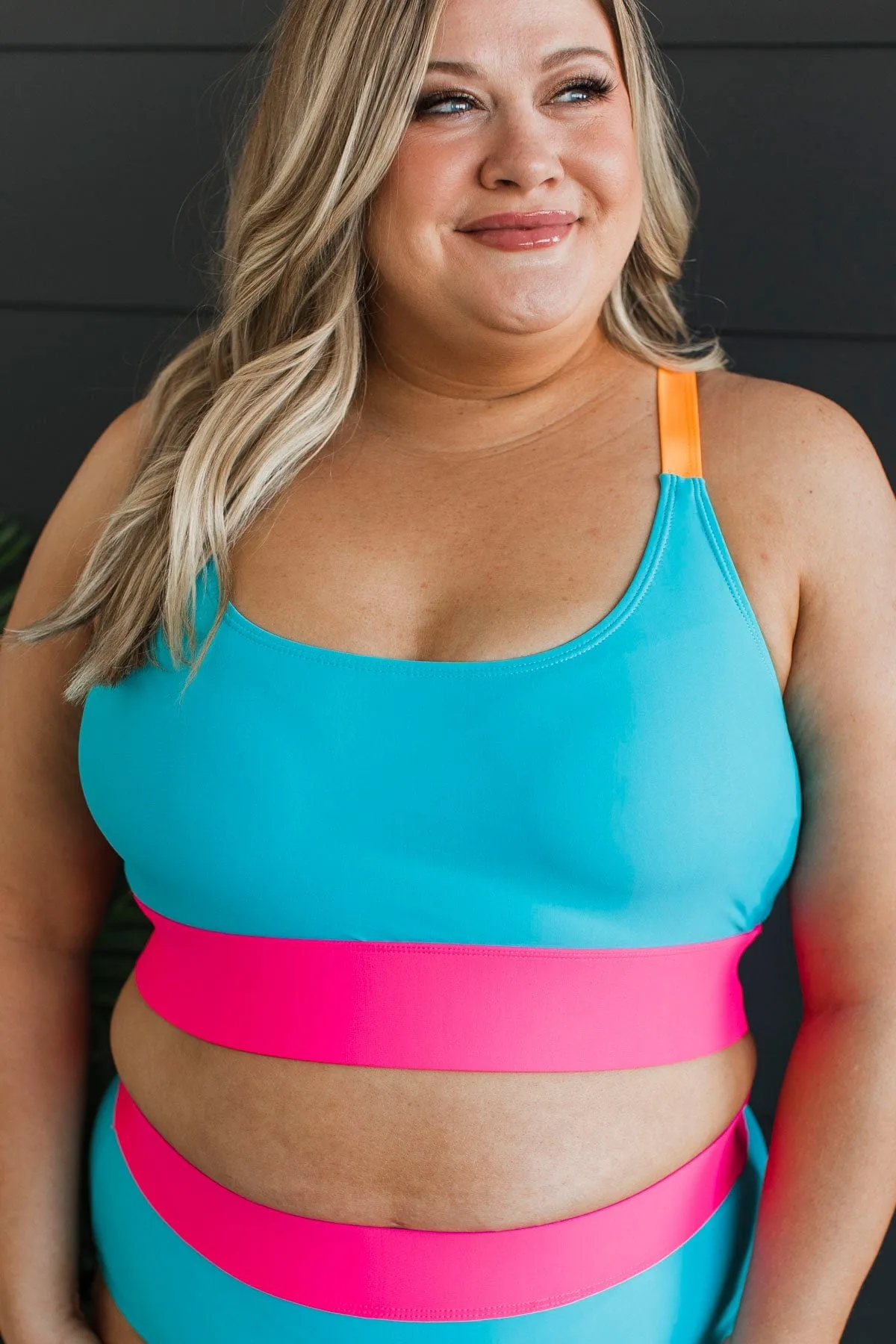 Catching Waves Bikini Swim Top- Blue, Bright Pink, & Orange