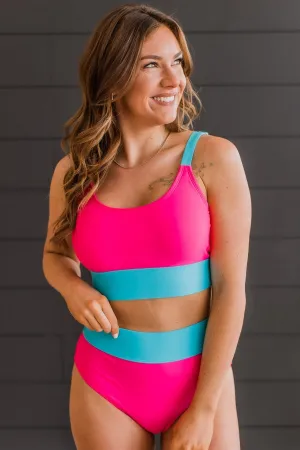 Catching Waves Bikini Swim Top- Bright Pink & Blue