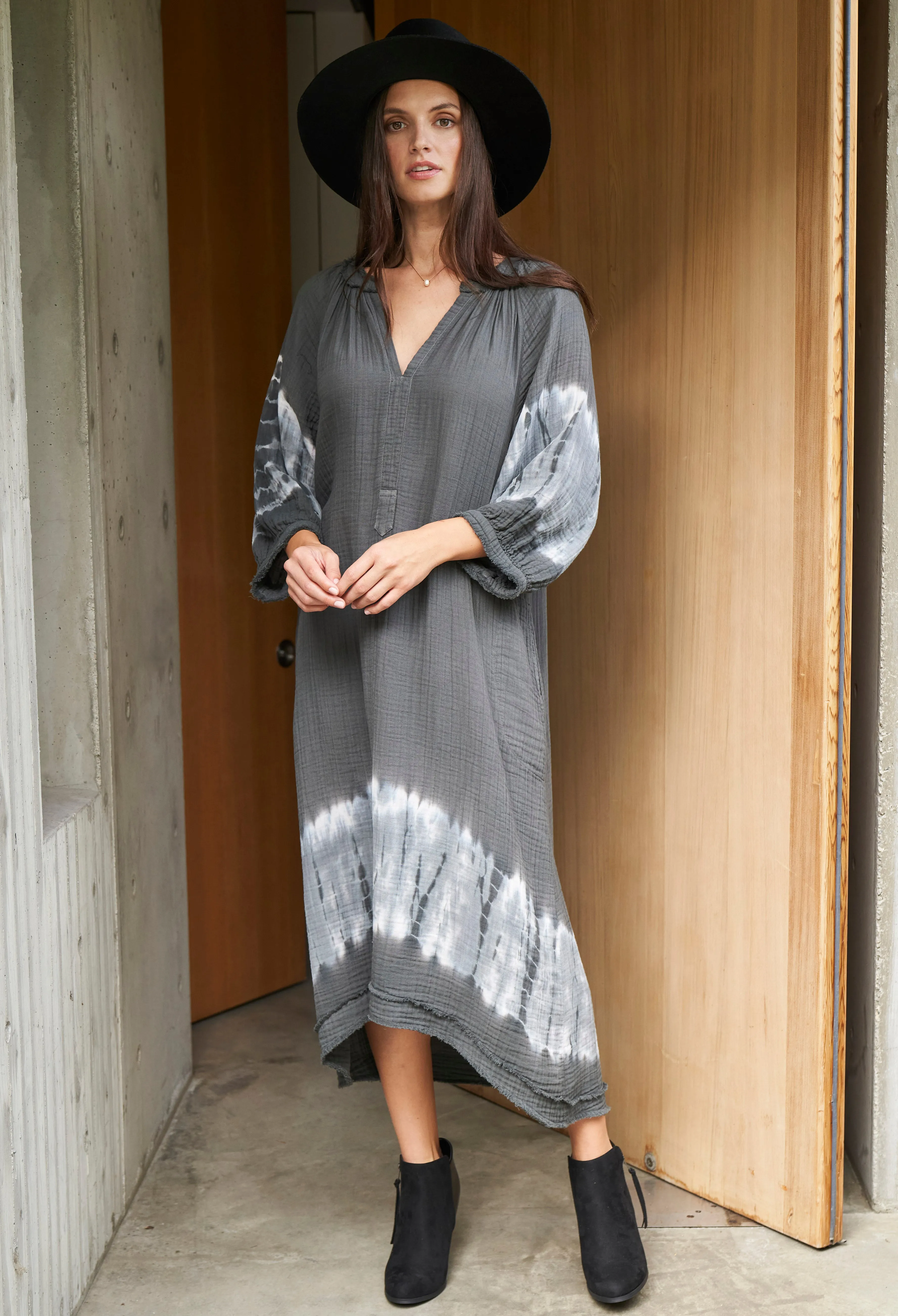 Charcoal   Light Blue Tie Dye Hem Gauze Dress with Pockets
