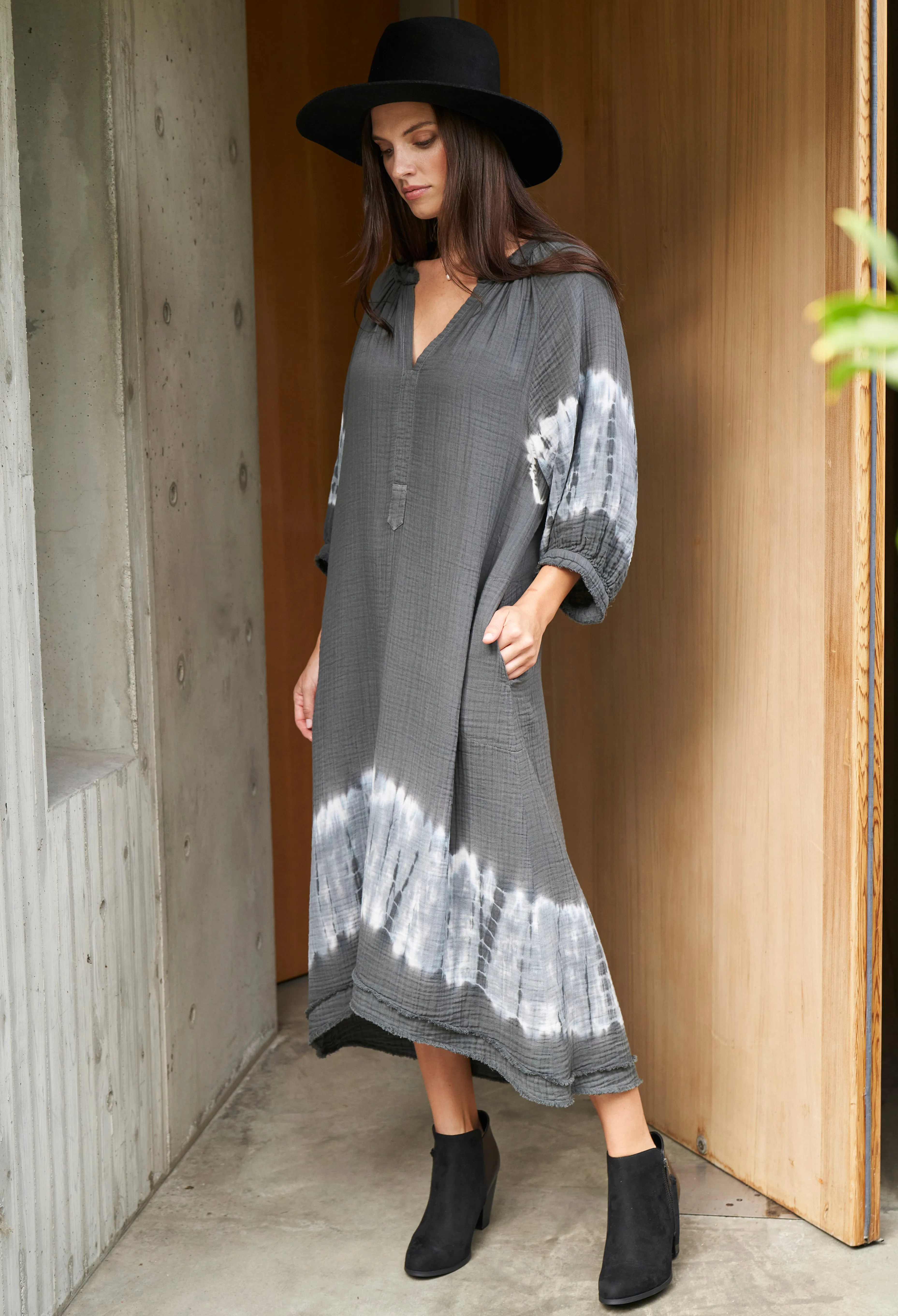 Charcoal   Light Blue Tie Dye Hem Gauze Dress with Pockets