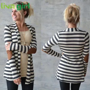 Charm Demon Women Casual Striped Cardigans Patchwork Outwear at30