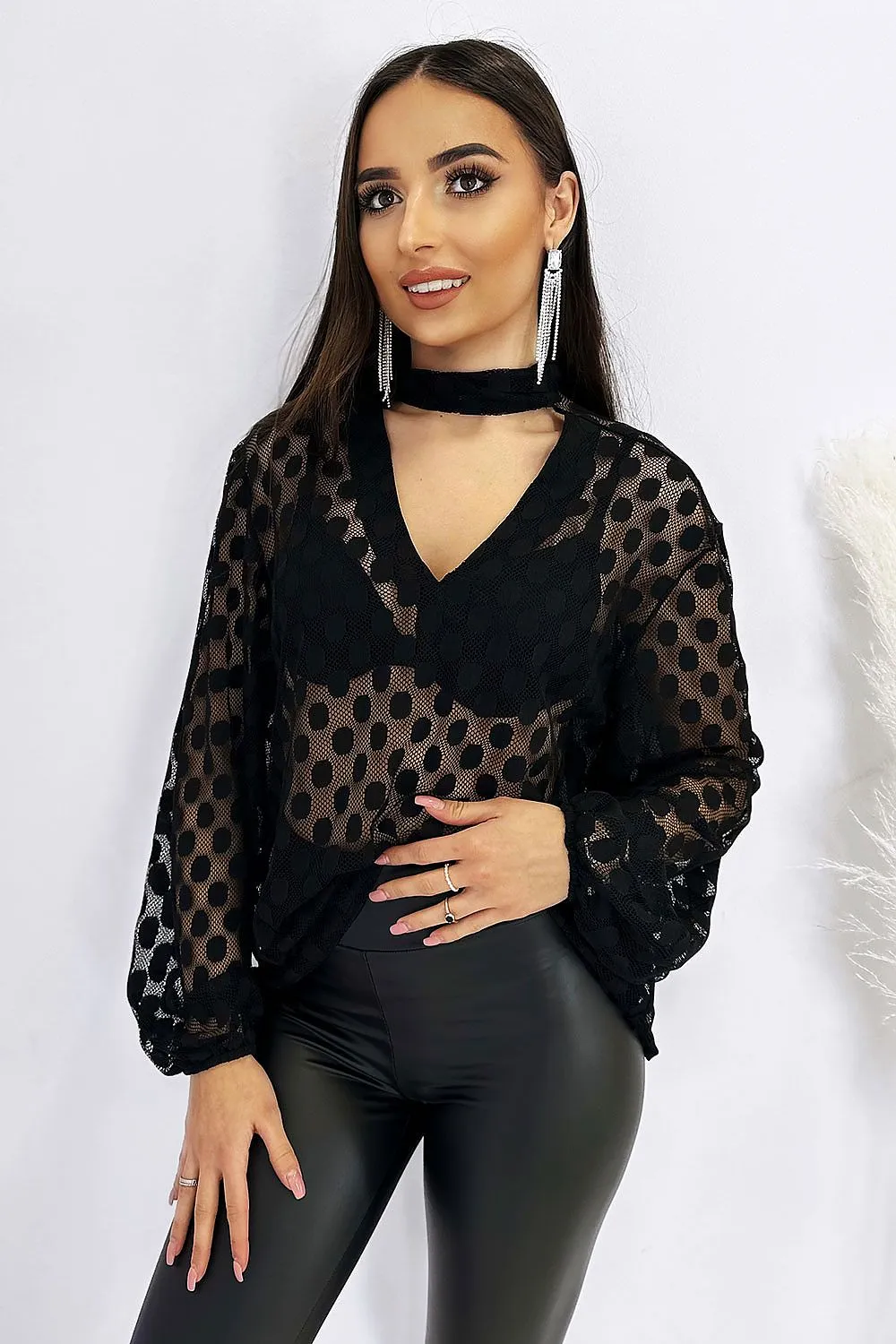 Chiffon Dot Blouse with Tie