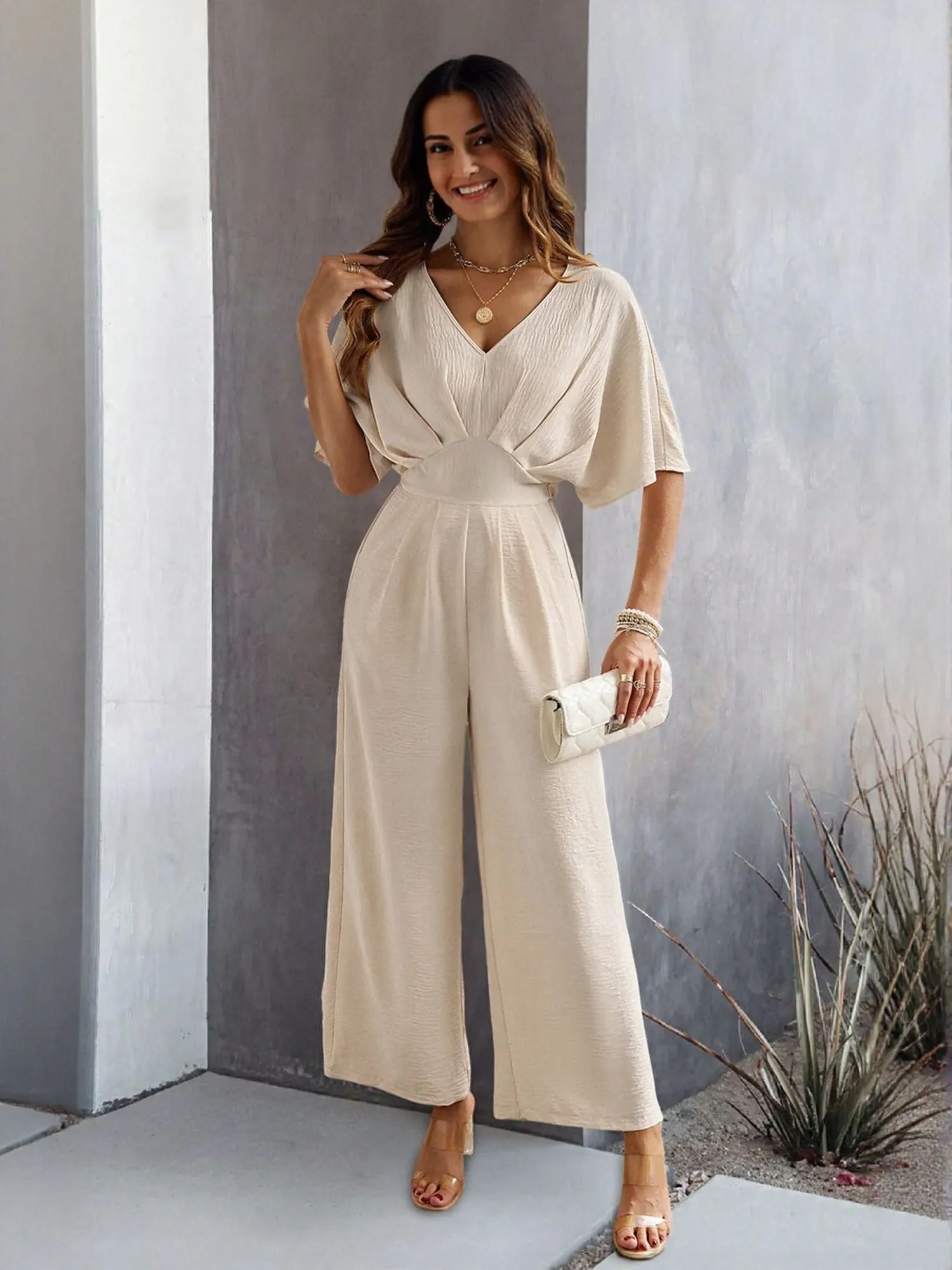 Cream Jumpsuit With Kimono Sleeve