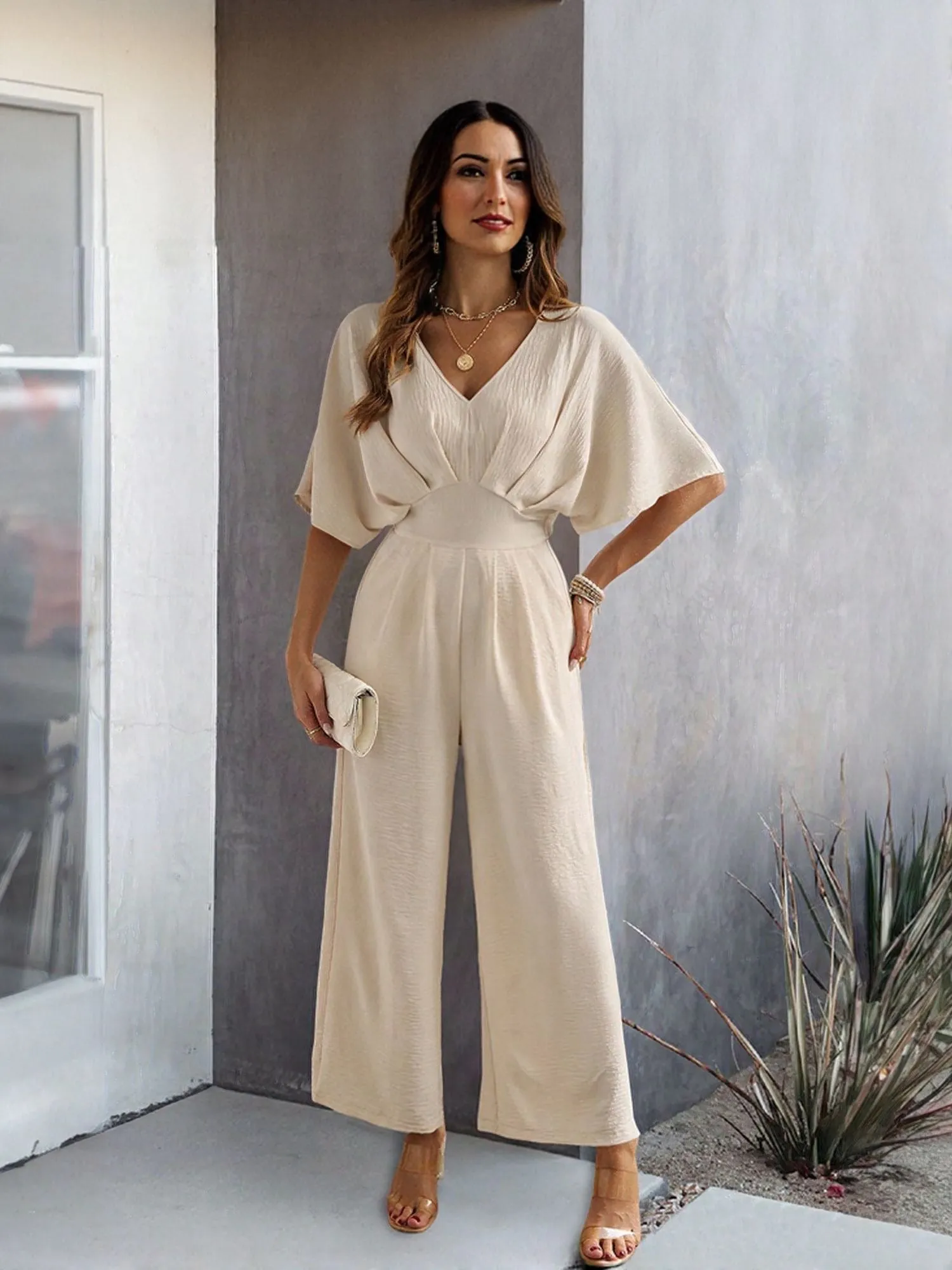 Cream Jumpsuit With Kimono Sleeve