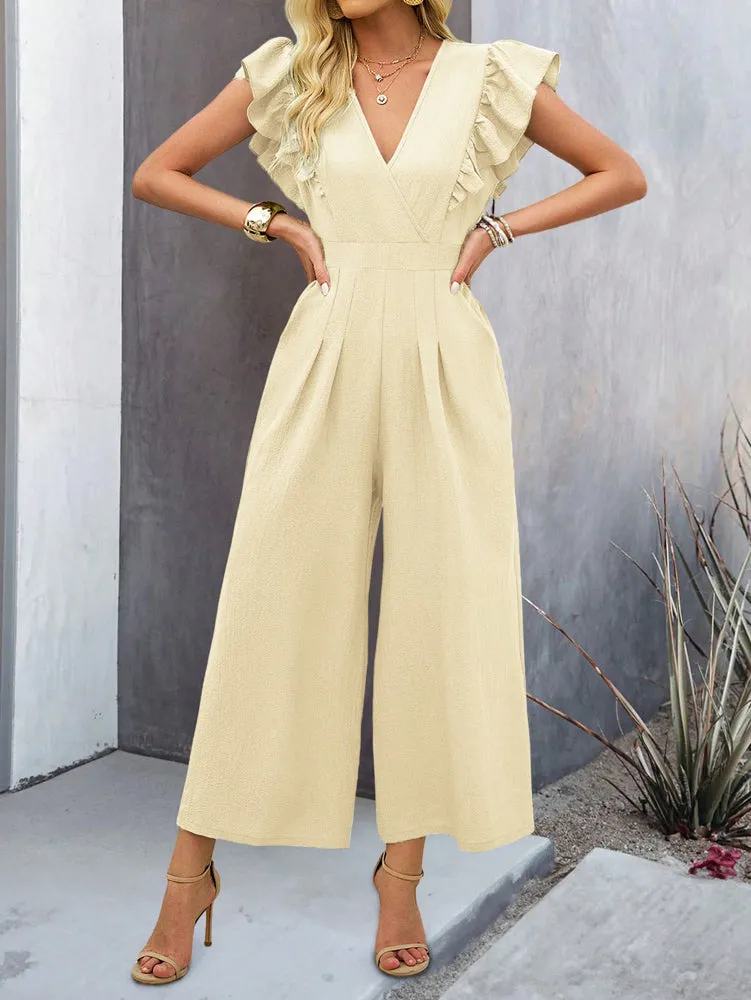Cream Wide Leg Jumpsuit With Ruffle Detail