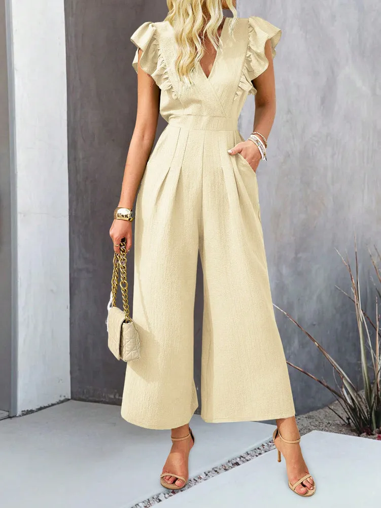 Cream Wide Leg Jumpsuit With Ruffle Detail