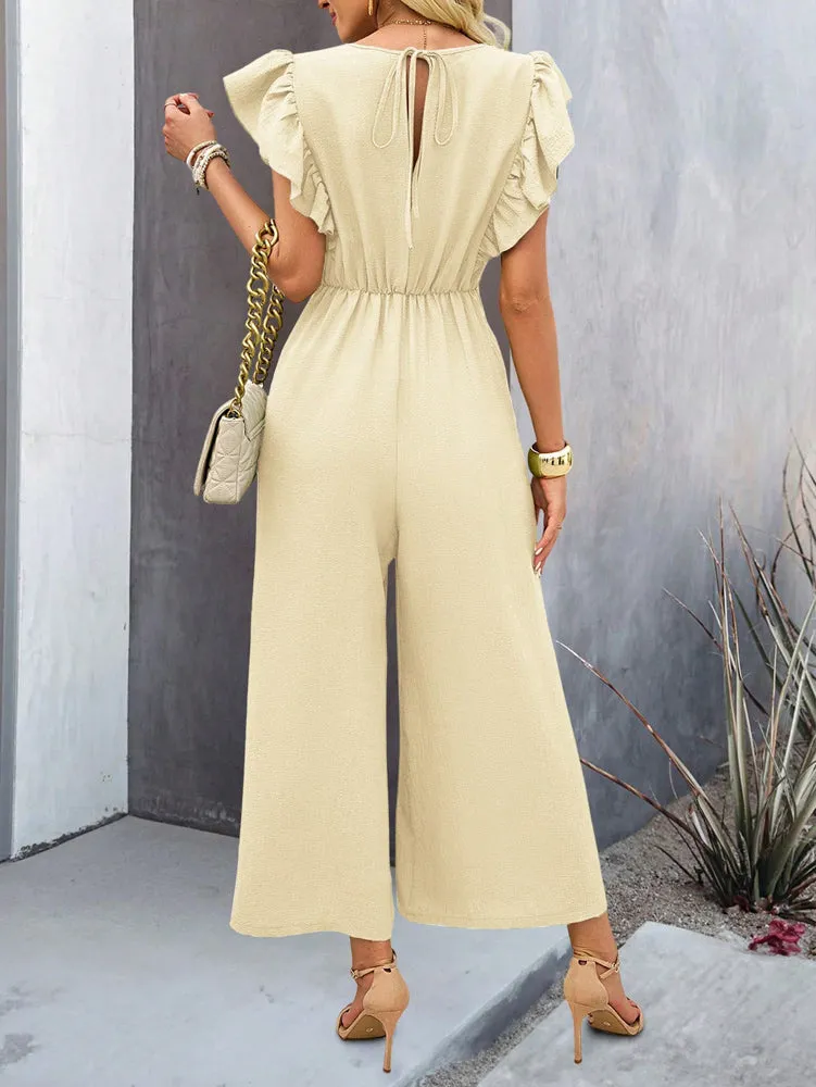 Cream Wide Leg Jumpsuit With Ruffle Detail