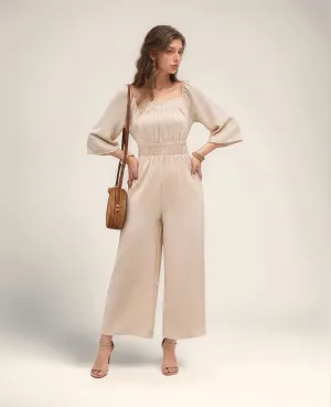 Cream Wide Leg Jumpsuit With Smocking Detail