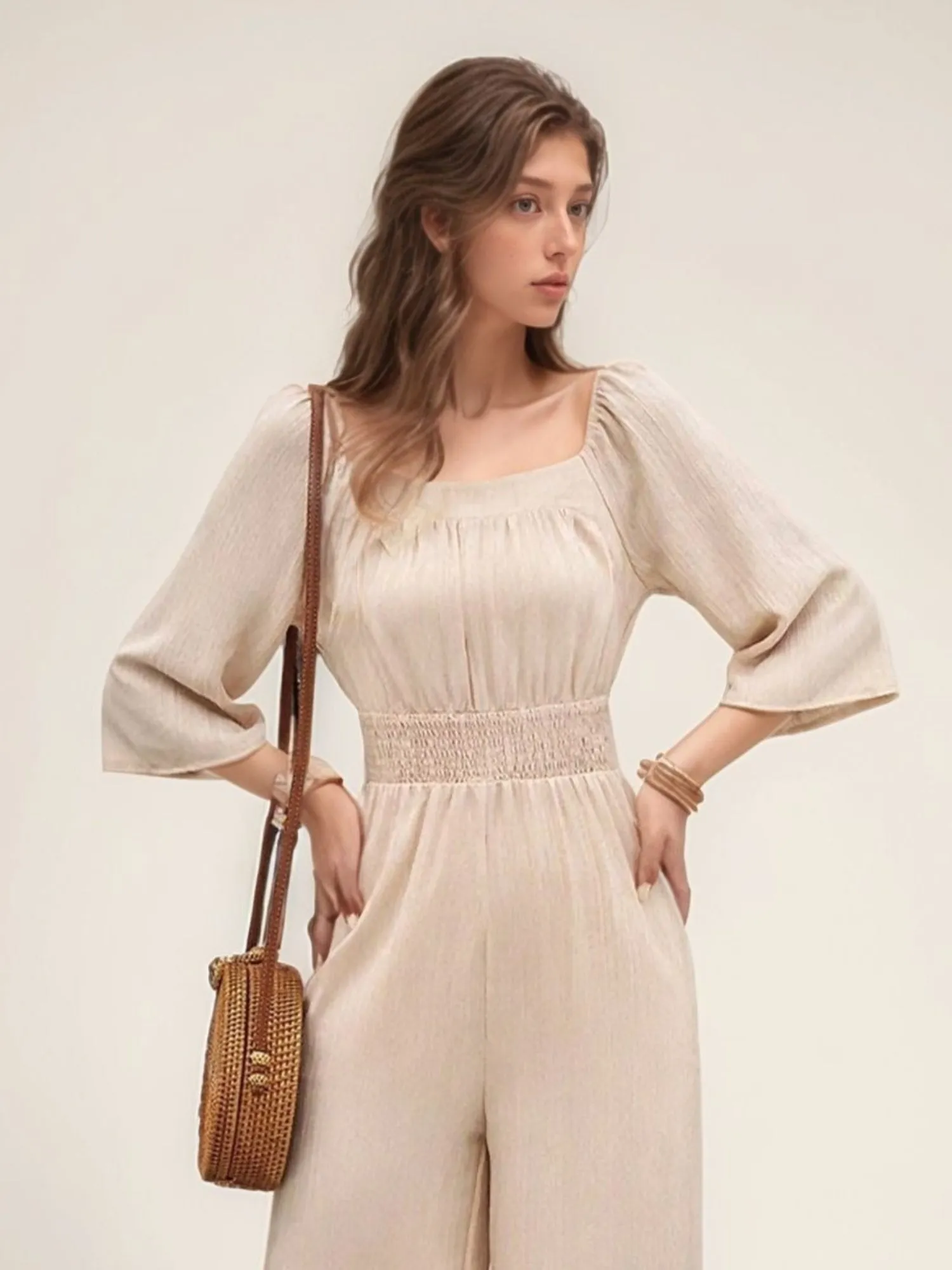 Cream Wide Leg Jumpsuit With Smocking Detail