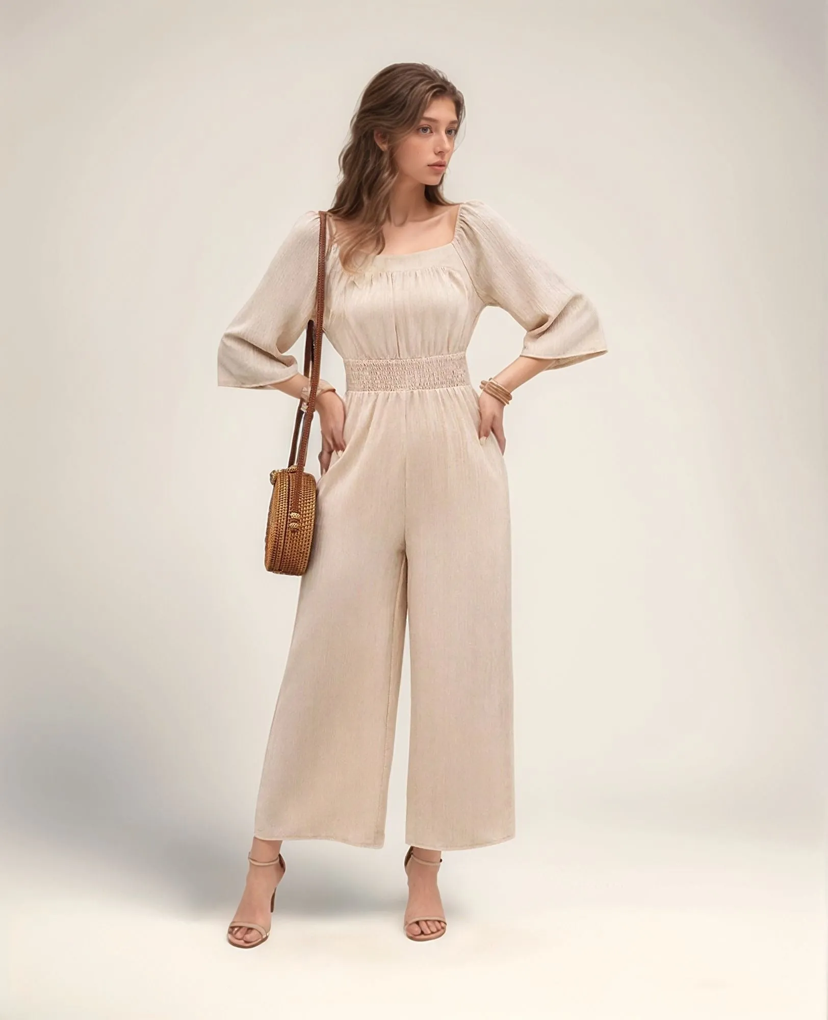 Cream Wide Leg Jumpsuit With Smocking Detail