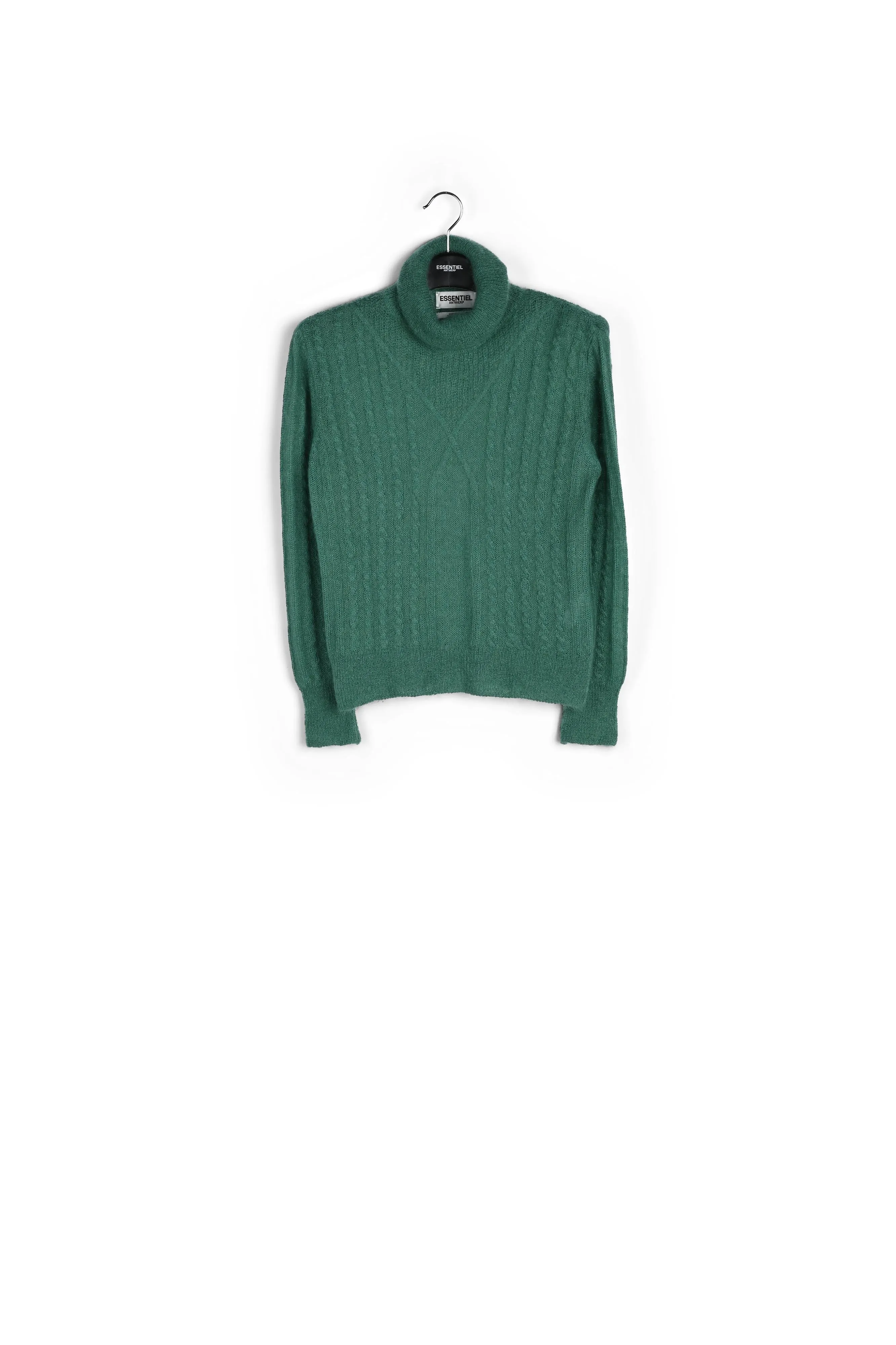 Dark green cable-knitted turtleneck sweater