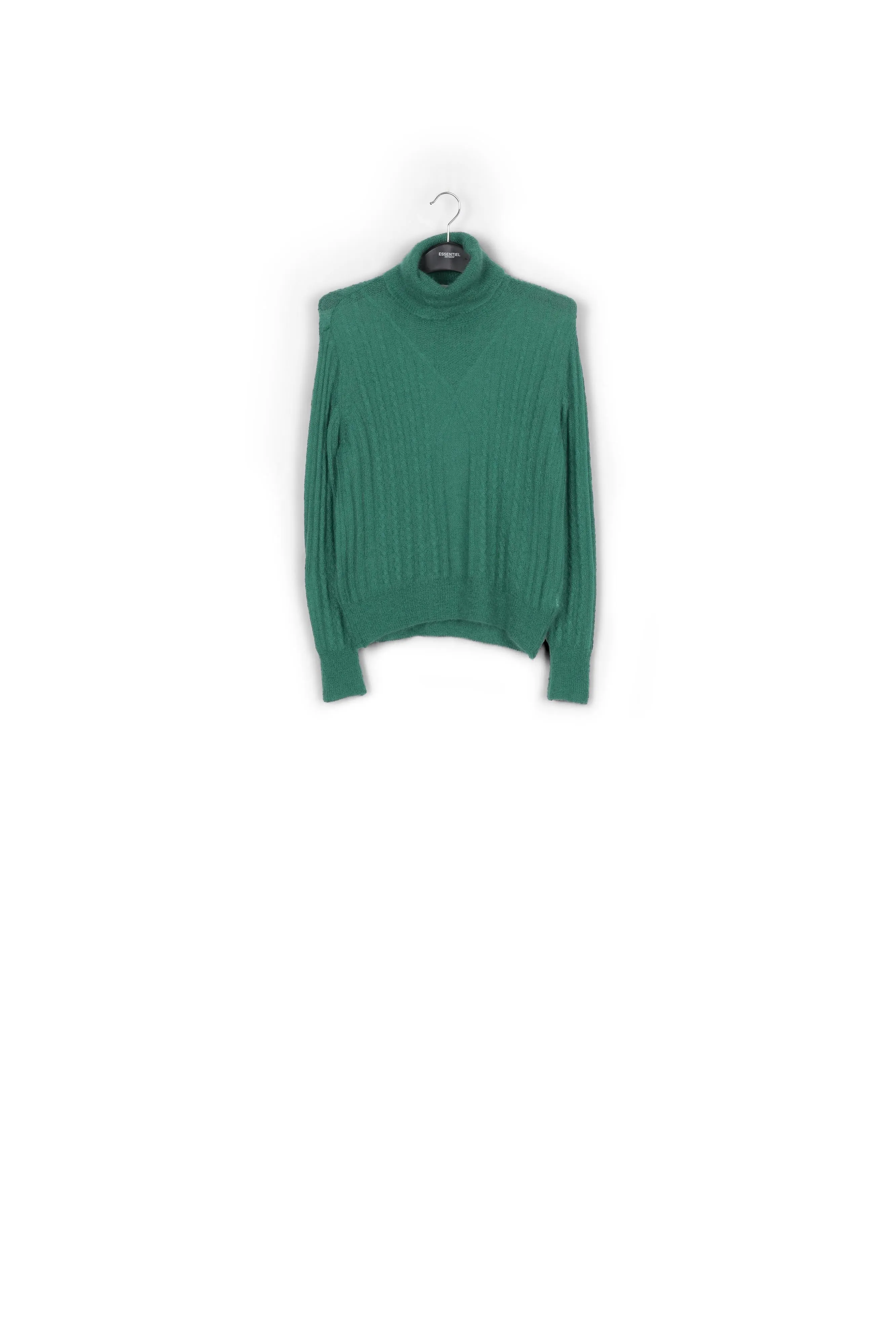 Dark green cable-knitted turtleneck sweater