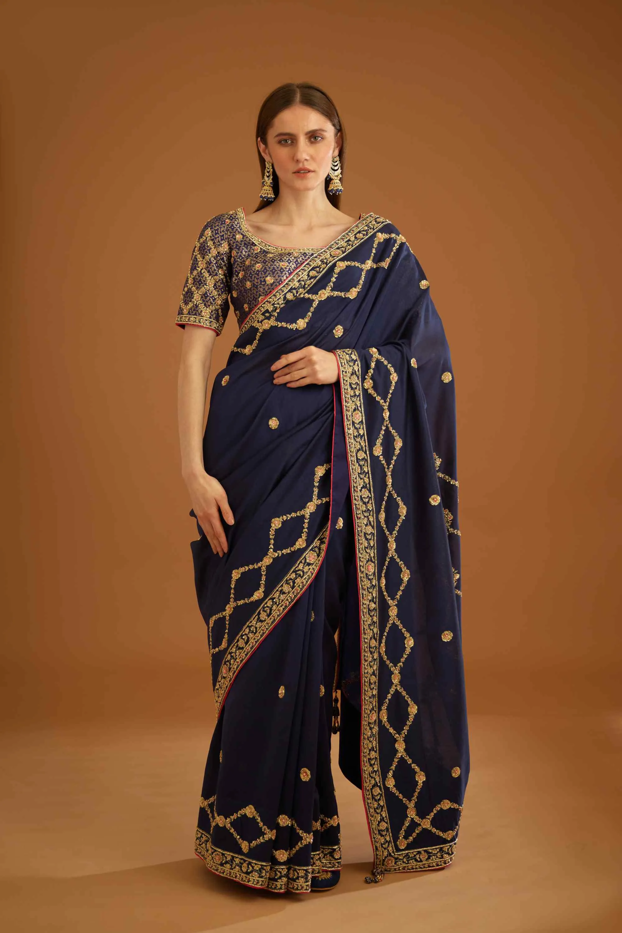 Dark navy blue zardozi sari and blouse