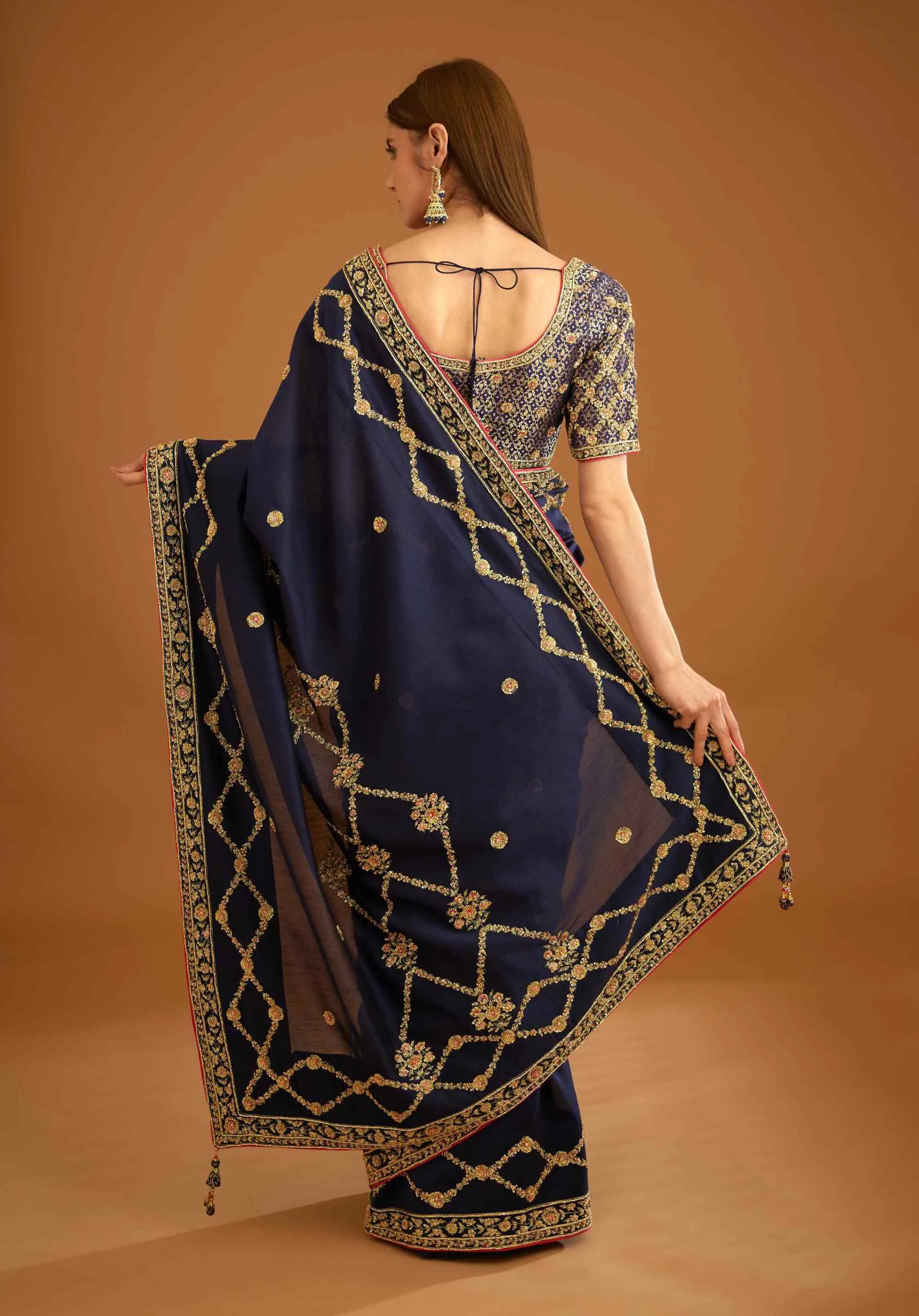 Dark navy blue zardozi sari and blouse