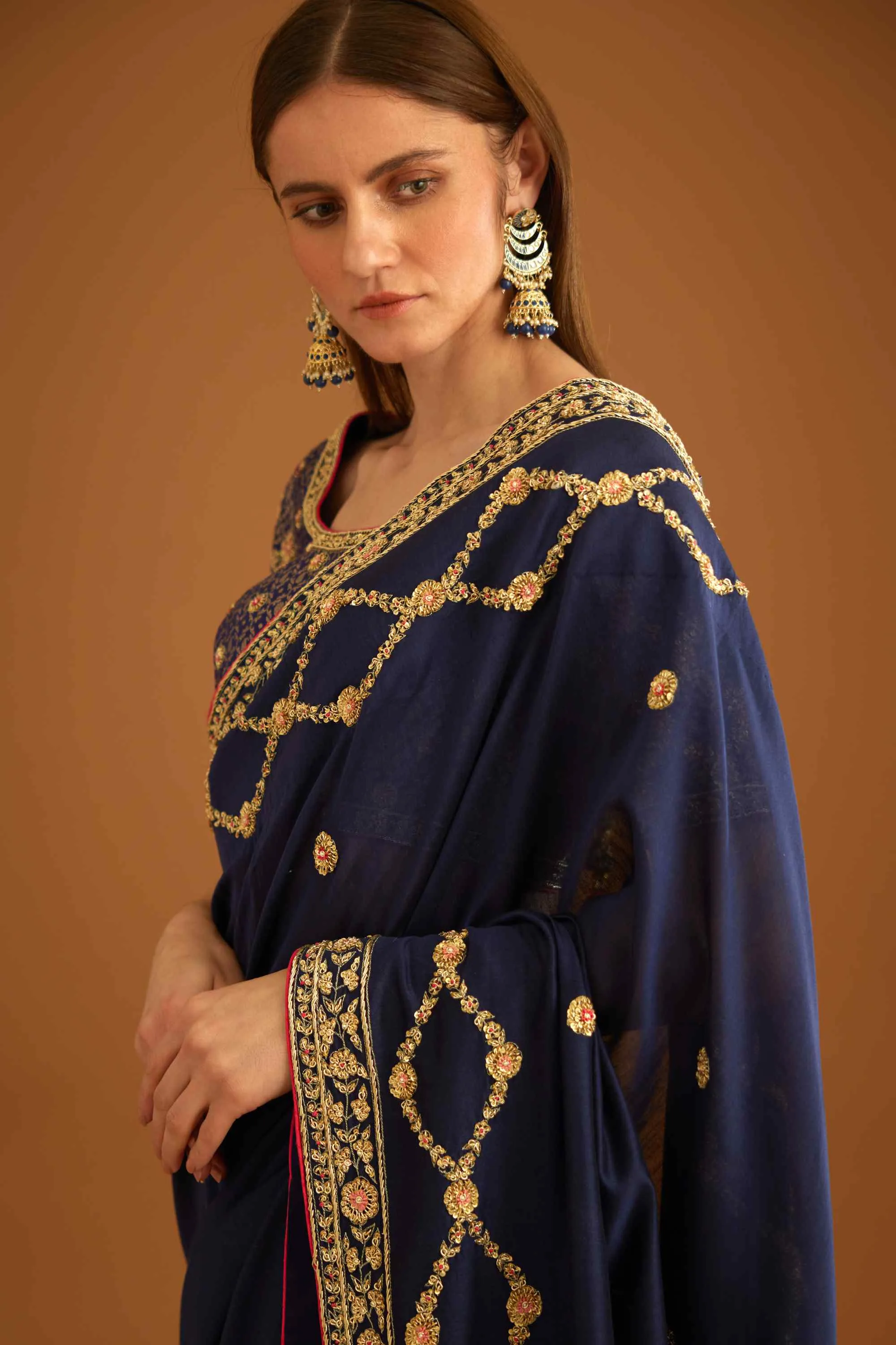 Dark navy blue zardozi sari and blouse