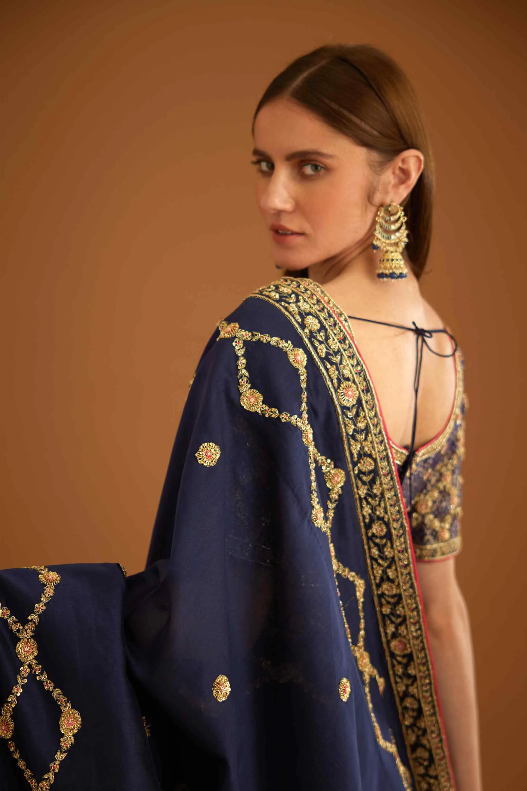 Dark navy blue zardozi sari and blouse