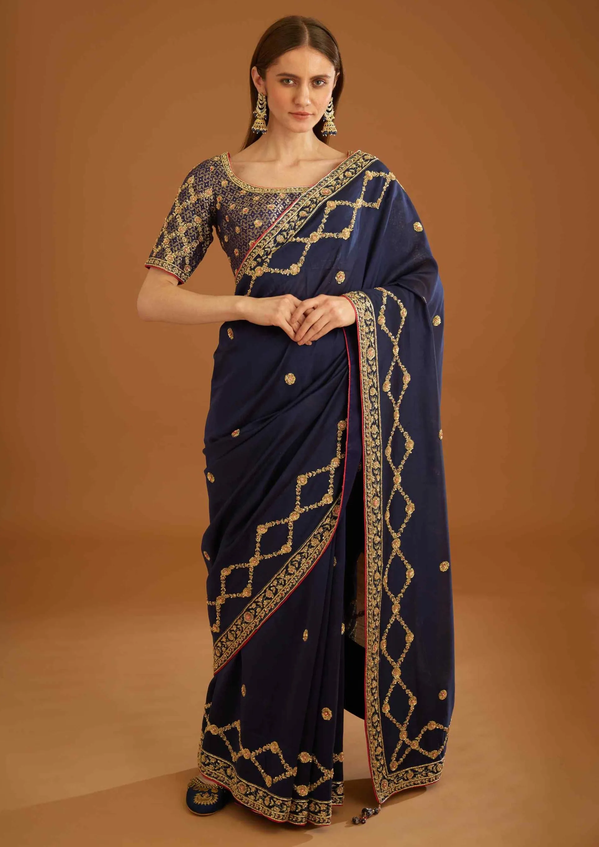 Dark navy blue zardozi sari and blouse