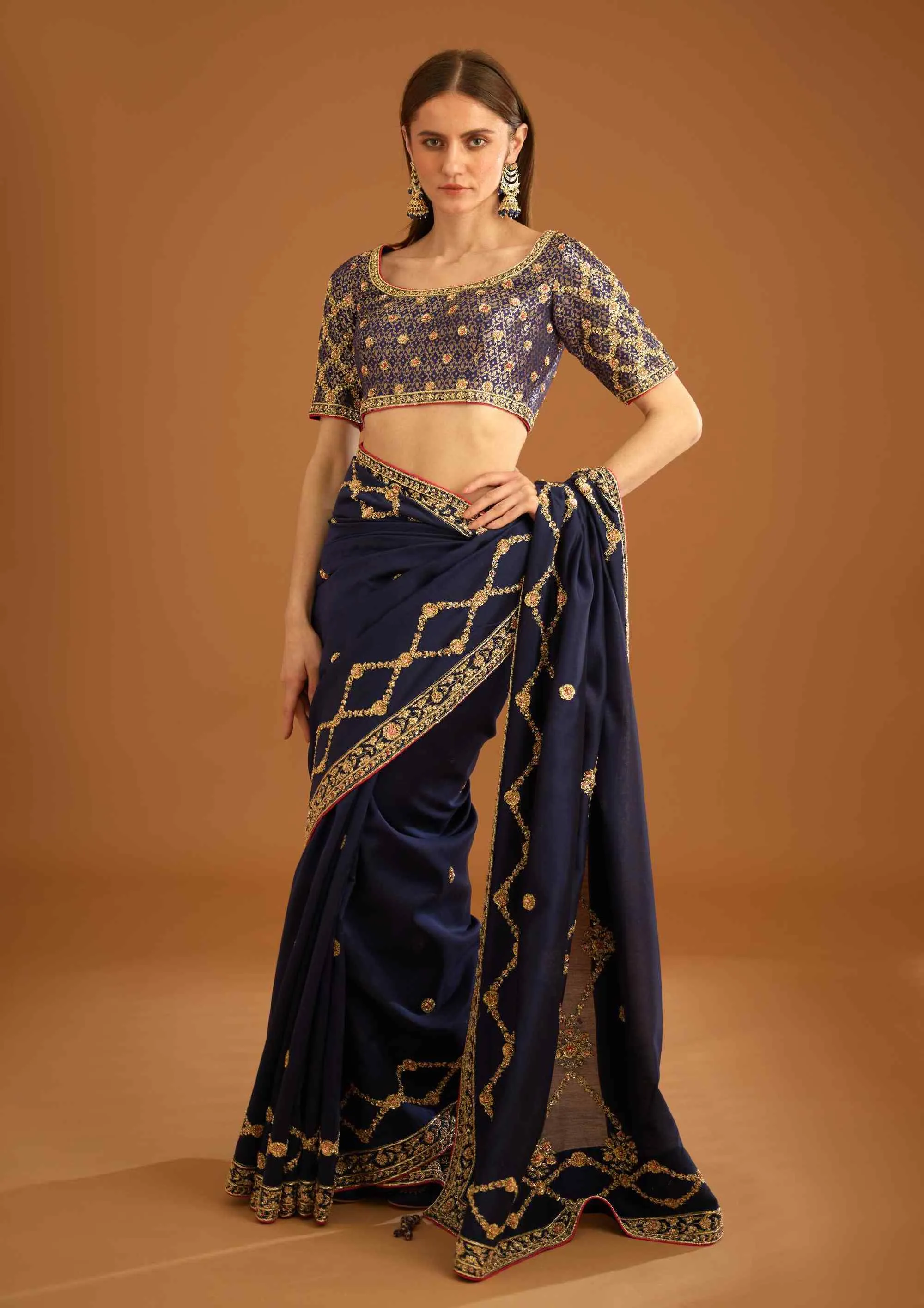 Dark navy blue zardozi sari and blouse