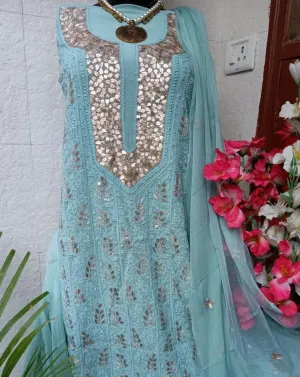 Designer Heavy Sky Blue Chikankari Gota Patti Salwar Suit Fabric