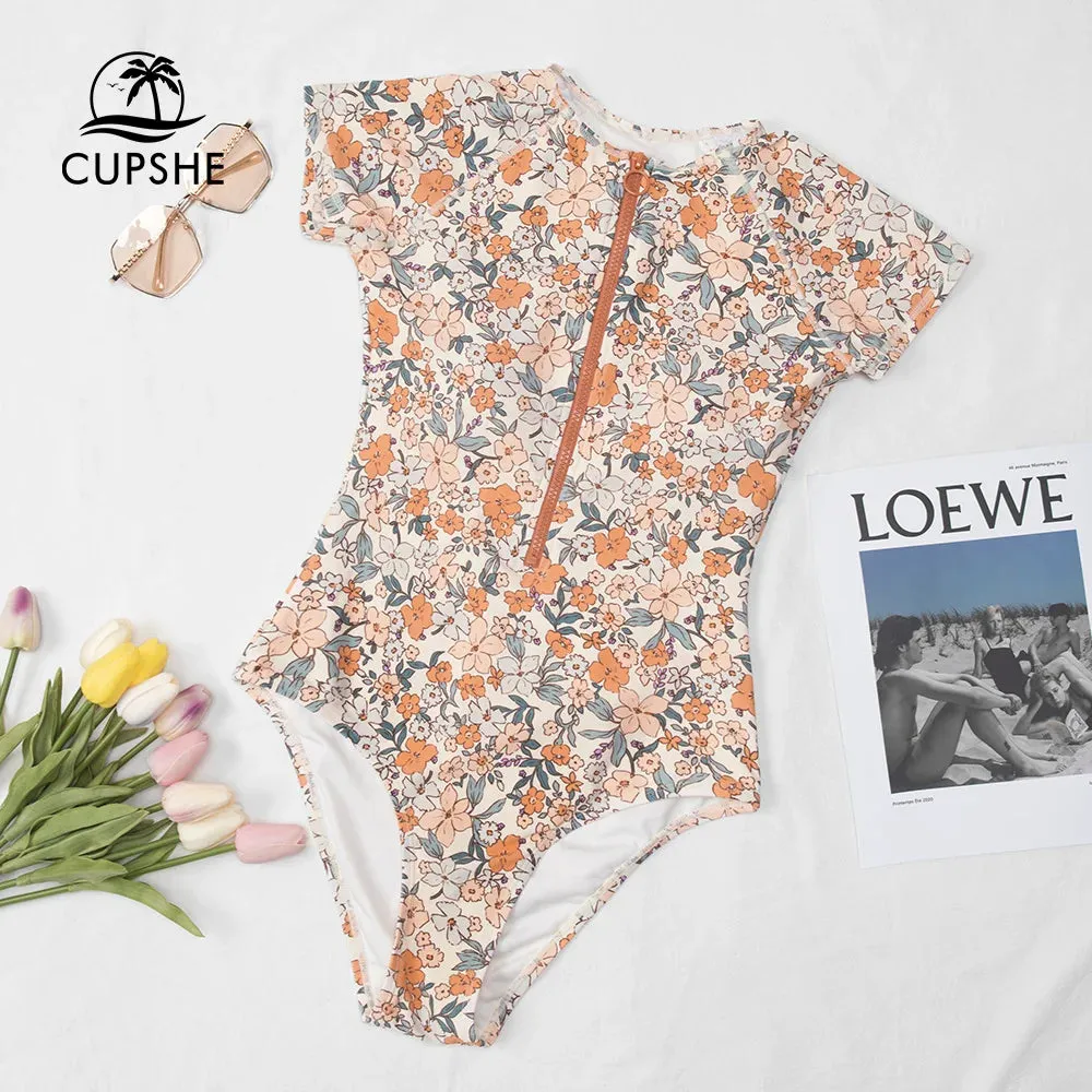 Ditsy Zipper Short Sleeve One-Piece Swimsuit