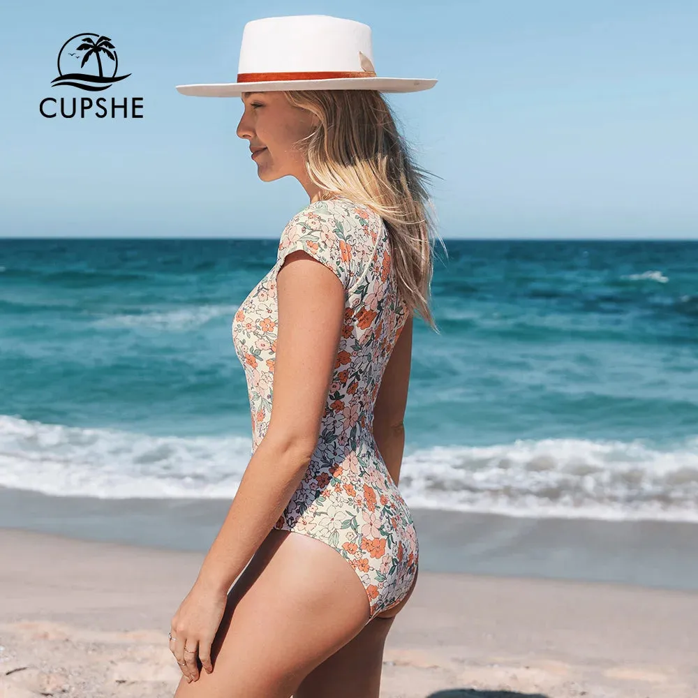 Ditsy Zipper Short Sleeve One-Piece Swimsuit
