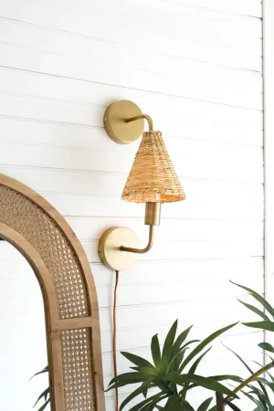 Double Antique Brass Wall Lamp with Woven Wicker Shade