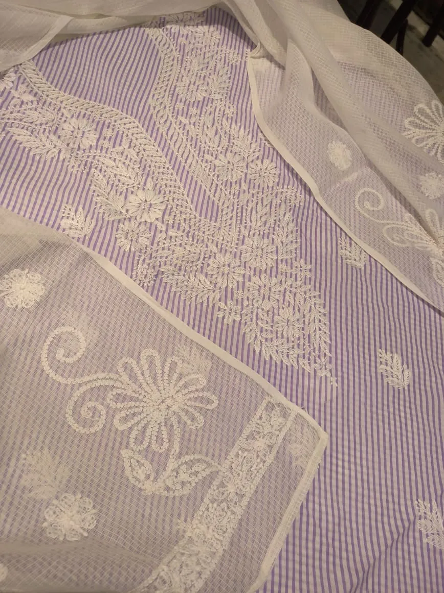Elegant Lavender Purple Lucknowi Chikankari Cotton Salwar Suit Unstitched Dress Material online