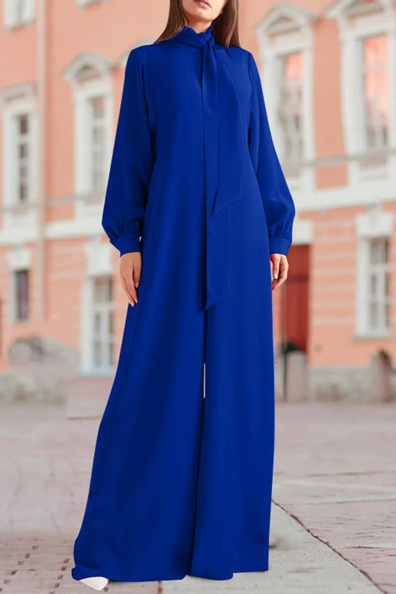 Elegant Solid Pocket Frenulum Turtleneck Loose Jumpsuits