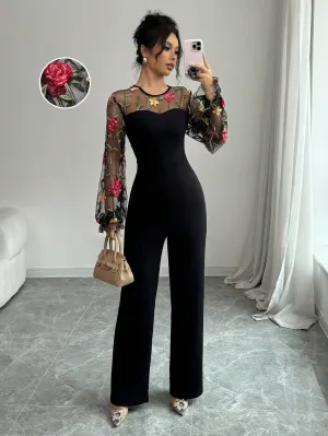 Elenzya Women's Floral Embroidery Mesh Lantern Sleeve Elegant Jumpsuit