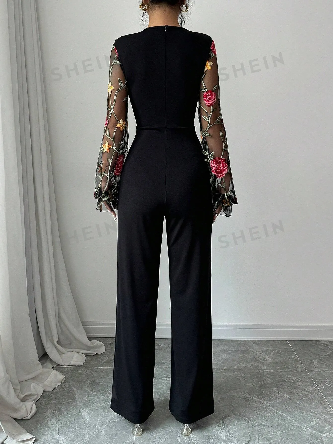 Elenzya Women's Floral Embroidery Mesh Lantern Sleeve Elegant Jumpsuit