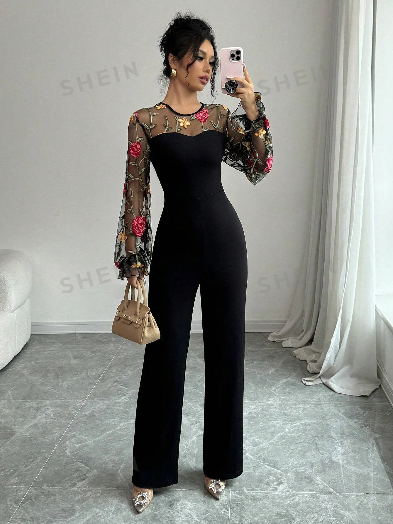 Elenzya Women's Floral Embroidery Mesh Lantern Sleeve Elegant Jumpsuit