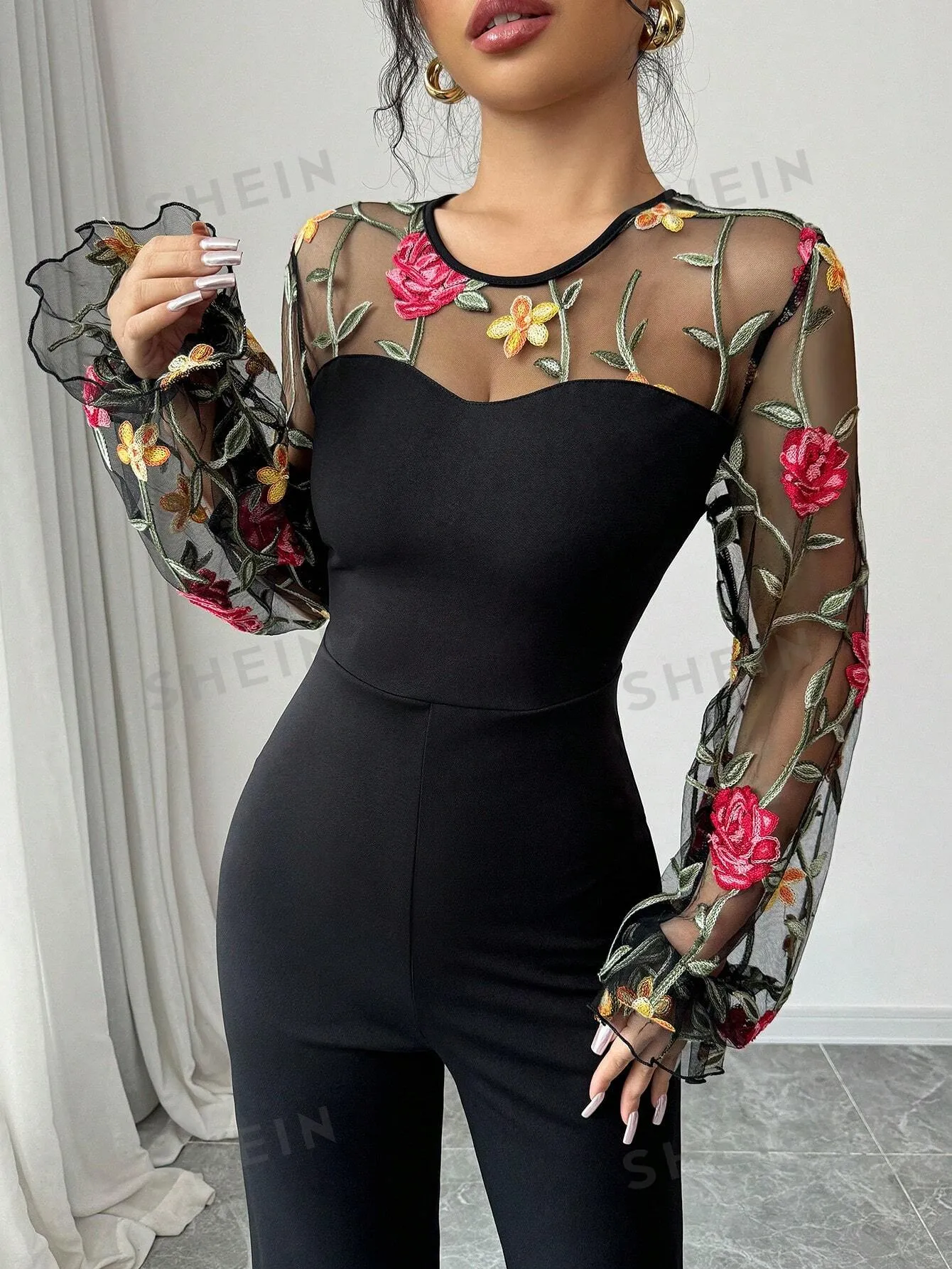 Elenzya Women's Floral Embroidery Mesh Lantern Sleeve Elegant Jumpsuit