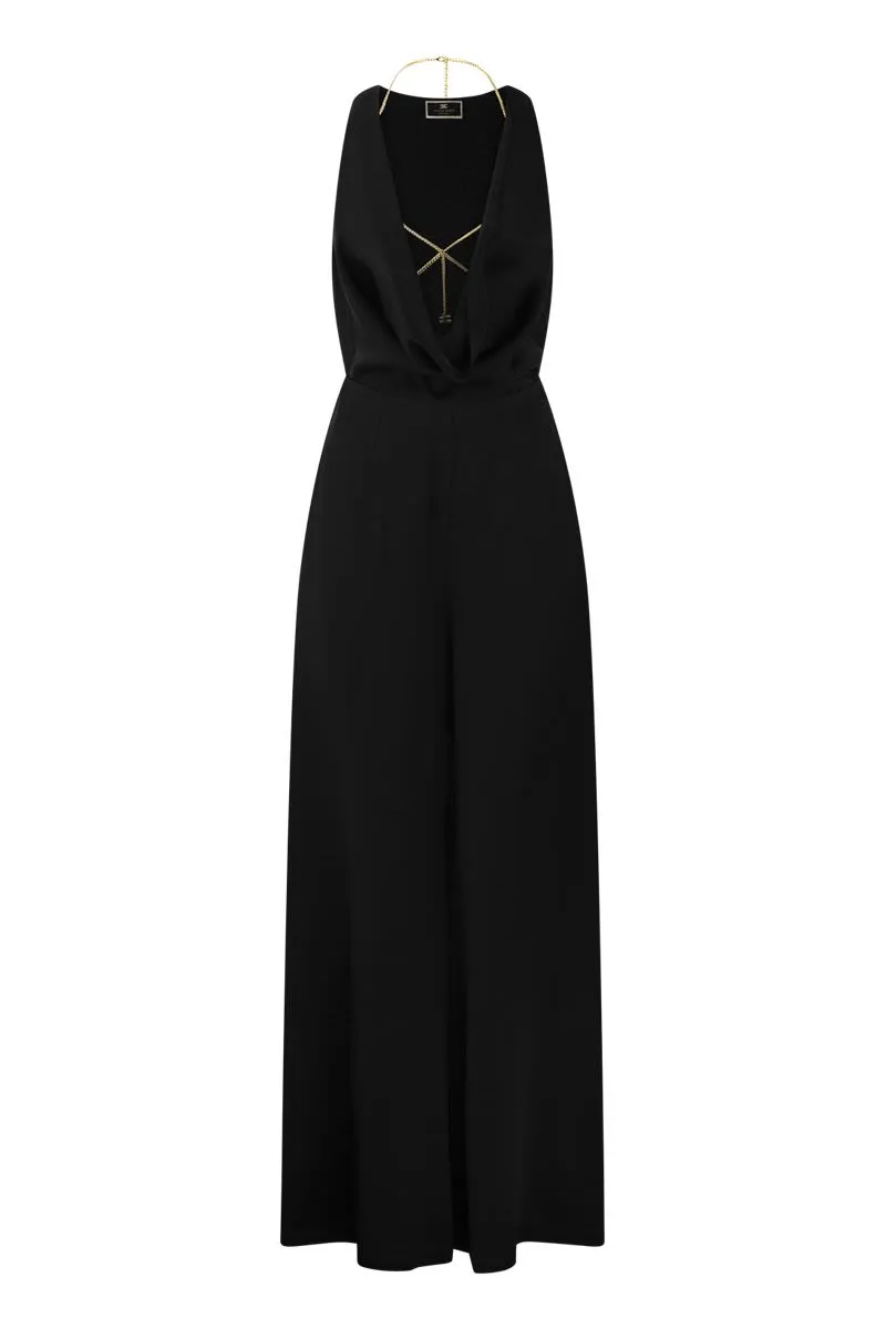 ELISABETTA FRANCHI Fluid Crepe Palazzo Jumpsuit with Innovative Bra Accessory