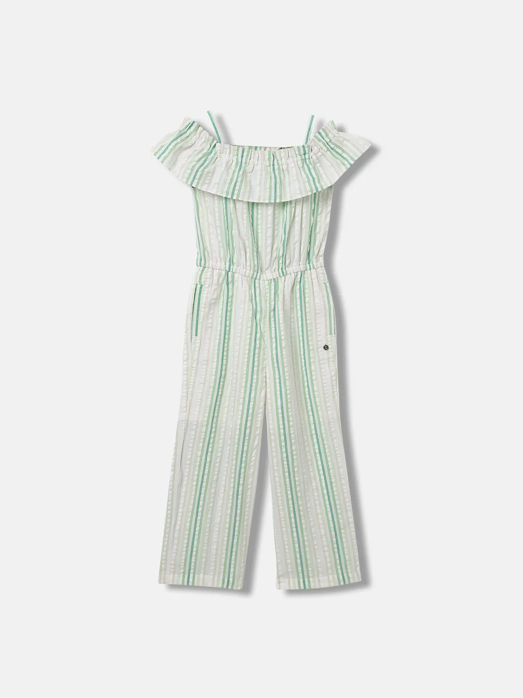 Elle Kids Girls Green Striped Square Neck Shoulder Straps Jumpsuit