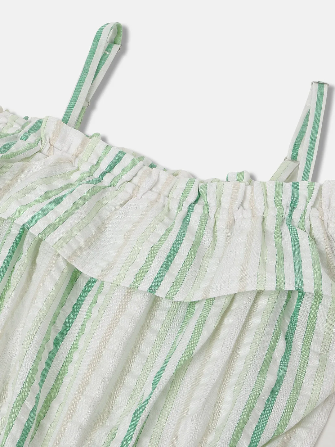 Elle Kids Girls Green Striped Square Neck Shoulder Straps Jumpsuit