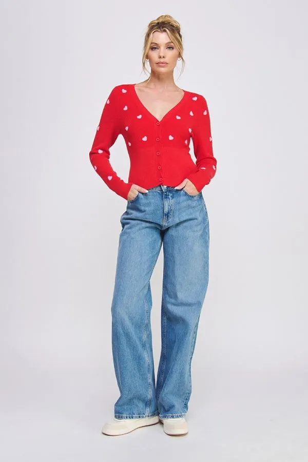 Esme Hearts Fitted Cardigan - Red/Pink