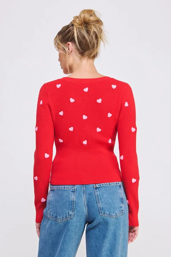 Esme Hearts Fitted Cardigan - Red/Pink