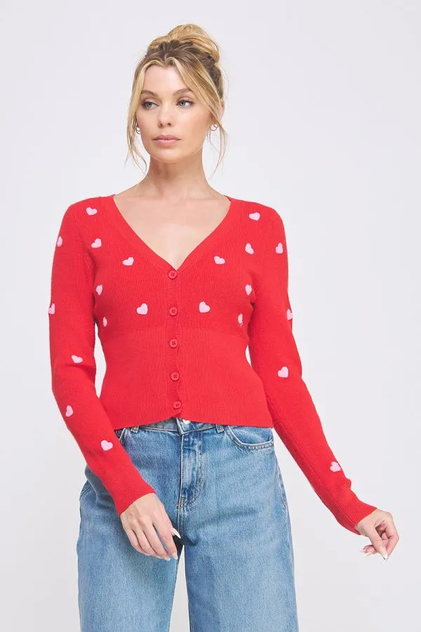 Esme Hearts Fitted Cardigan - Red/Pink