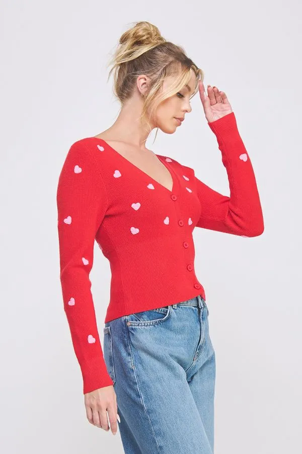 Esme Hearts Fitted Cardigan - Red/Pink